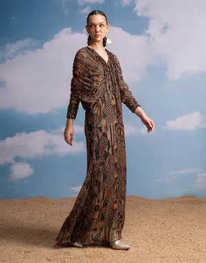 Brown geometric kimono dress