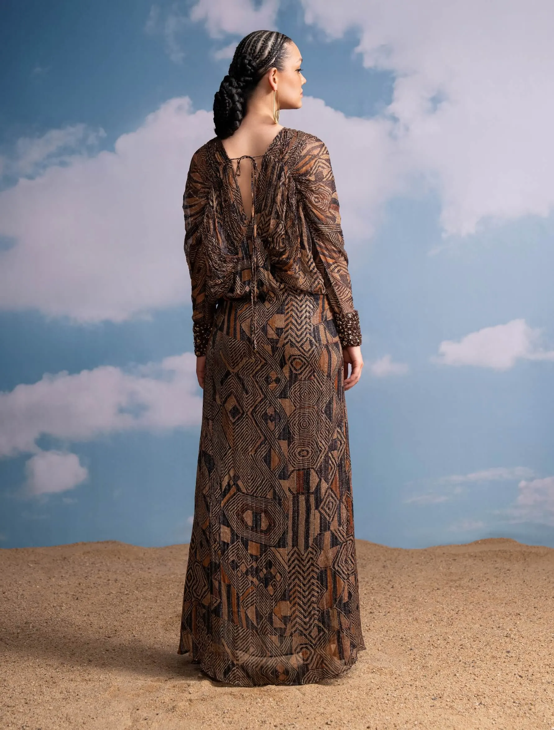 Brown geometric kimono dress