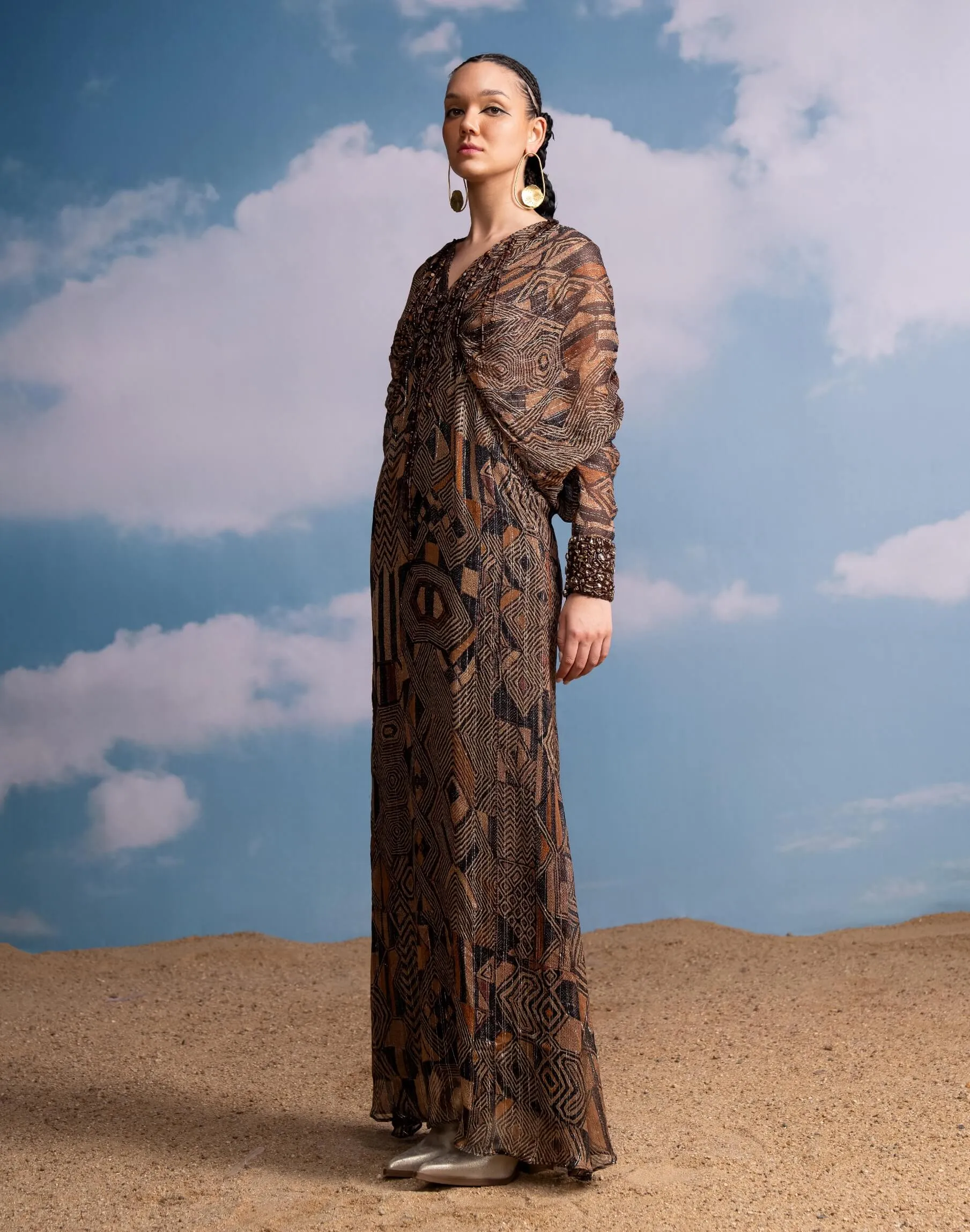 Brown geometric kimono dress