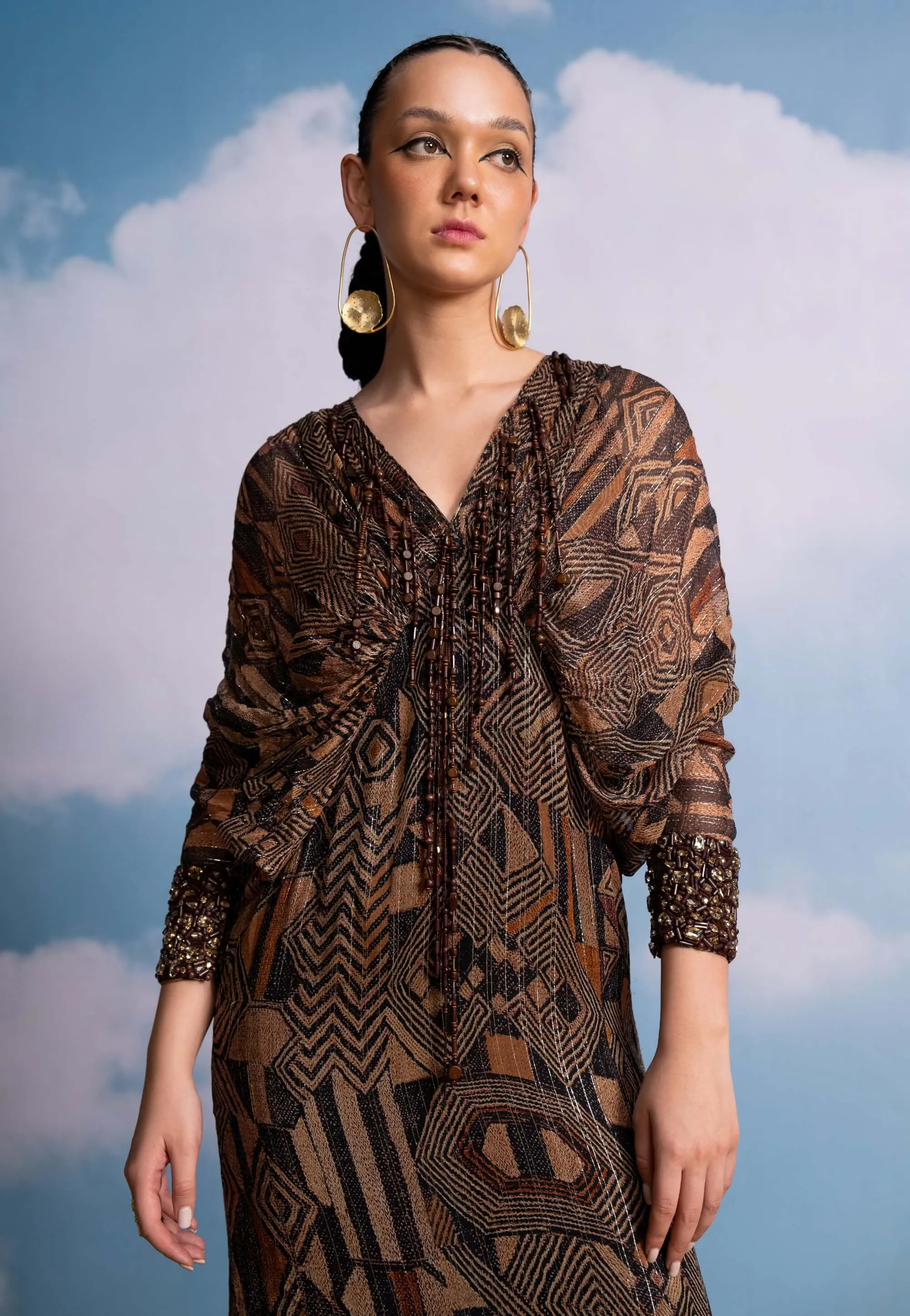 Brown geometric kimono dress