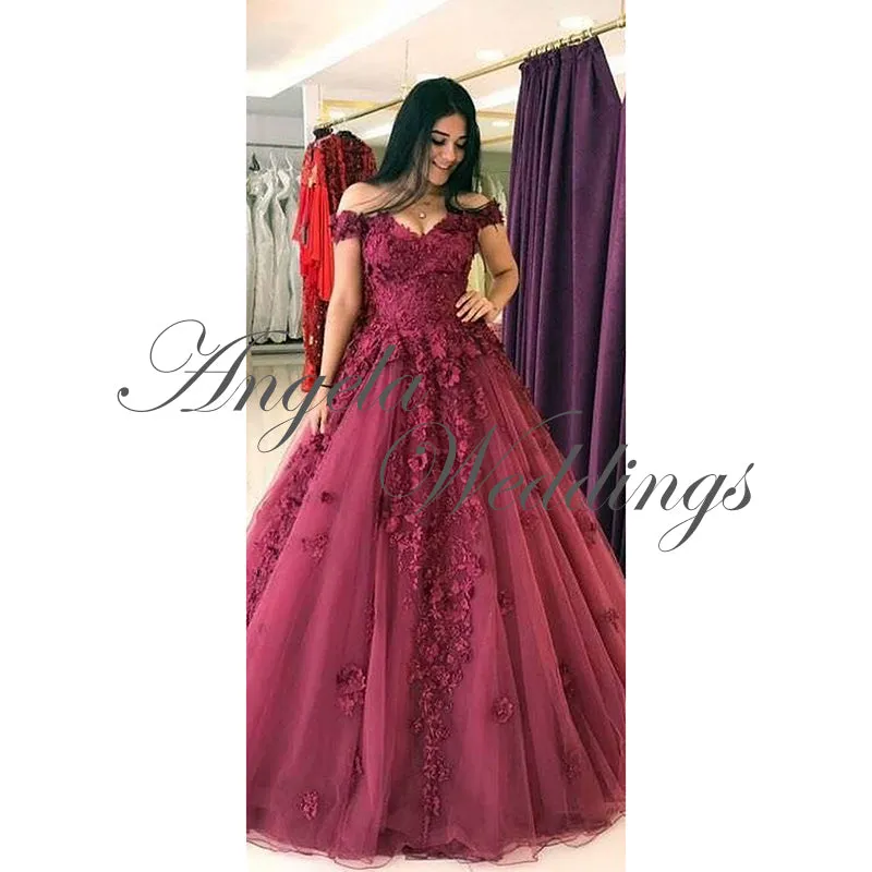 Burgundy Prom Dresses 2018 Tulle Lace Prom Gowns with Flowers