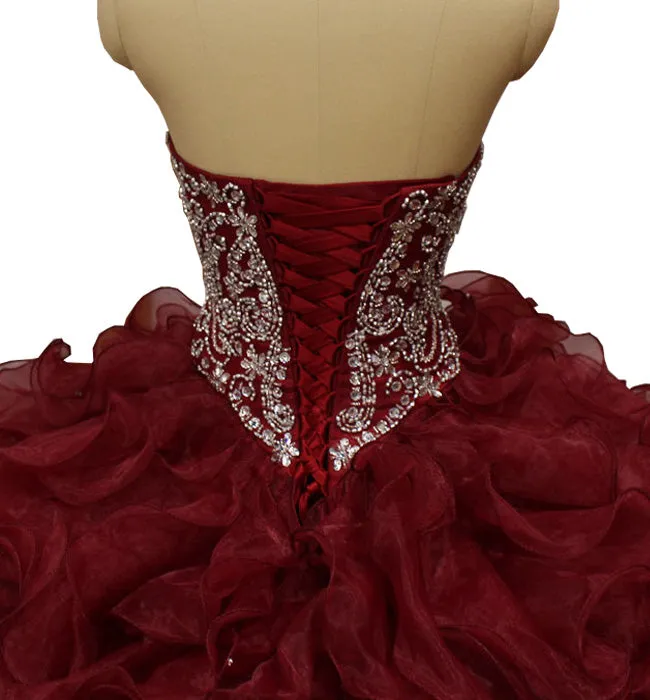 Burgundy Quinceanera Dresses Beaded Shine Rhinestones Puffy Ruffles Ball Gown Sweet 16 Dress vestidos de quinceañera