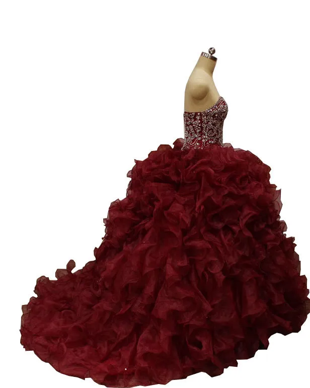 Burgundy Quinceanera Dresses Beaded Shine Rhinestones Puffy Ruffles Ball Gown Sweet 16 Dress vestidos de quinceañera