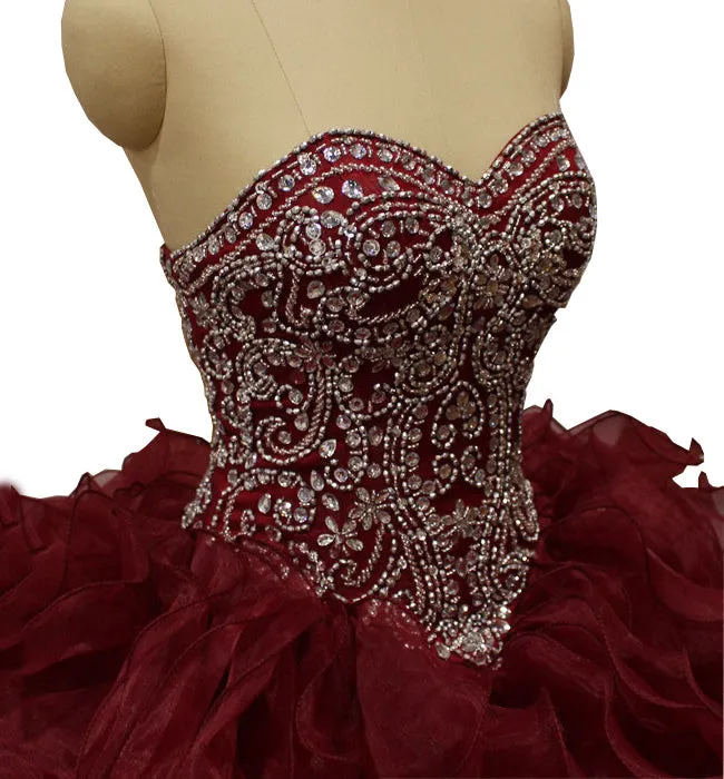 Burgundy Quinceanera Dresses Beaded Shine Rhinestones Puffy Ruffles Ball Gown Sweet 16 Dress vestidos de quinceañera