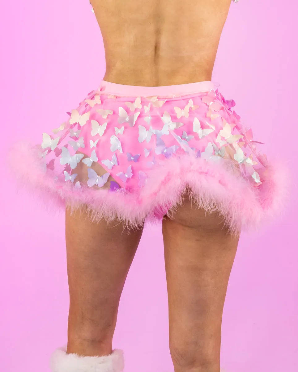 Butterfly Oasis Multi Pink Sheer Skirt with Marabou Trim