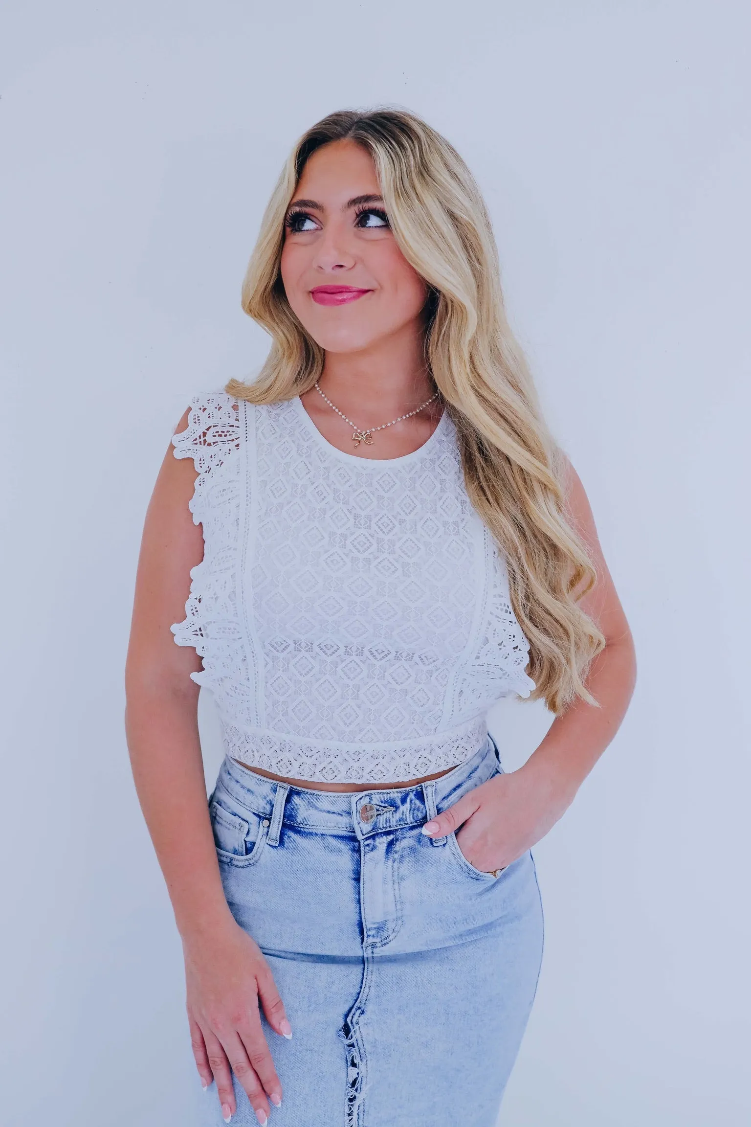 Cadence Crochet Lace Cropped Top-White