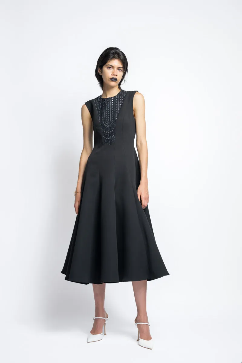 Cady Paneled Day Dress With Metallic Nailhead Lace Bib