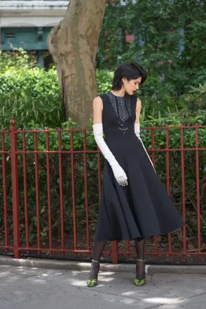 Cady Paneled Day Dress With Metallic Nailhead Lace Bib