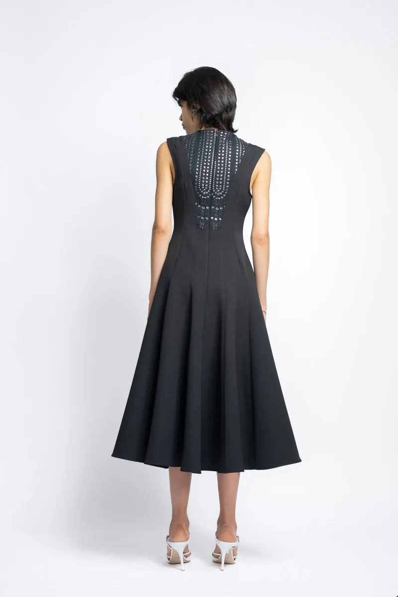 Cady Paneled Day Dress With Metallic Nailhead Lace Bib