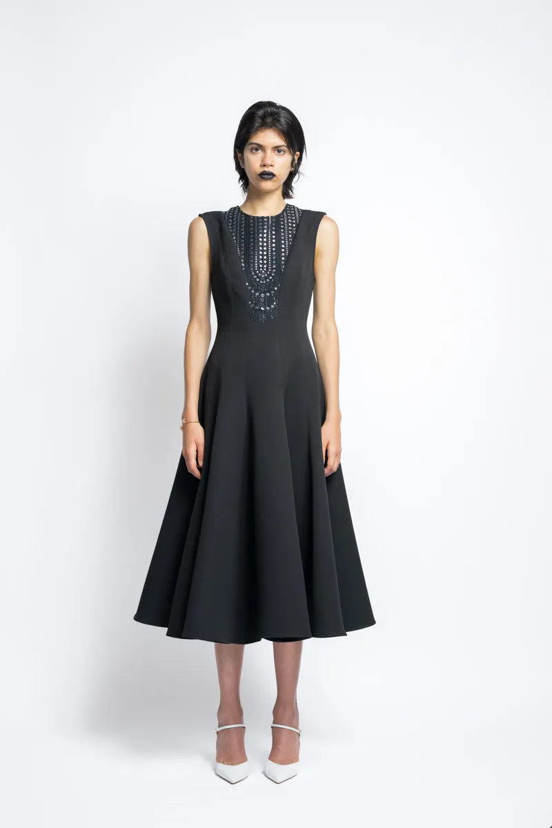 Cady Paneled Day Dress With Metallic Nailhead Lace Bib