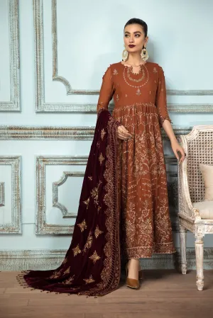 Caramel Brown Embroidered Pakistani Long Frock Dupatta Party Wear