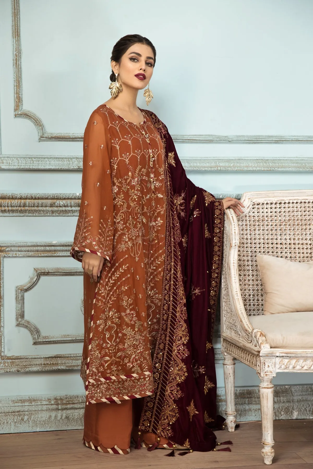 Caramel Brown Embroidered Pakistani Long Frock Dupatta Party Wear