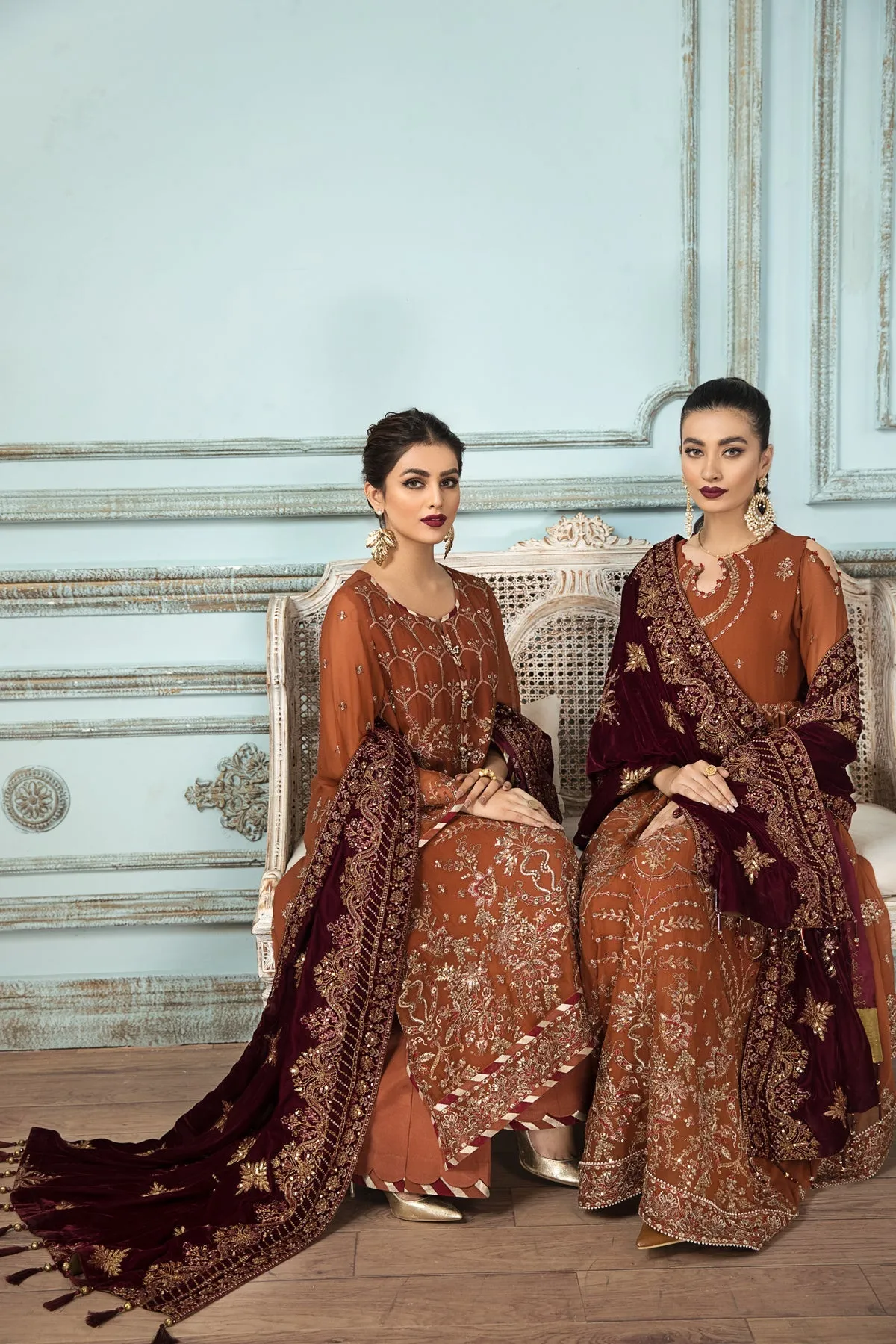 Caramel Brown Embroidered Pakistani Long Frock Dupatta Party Wear