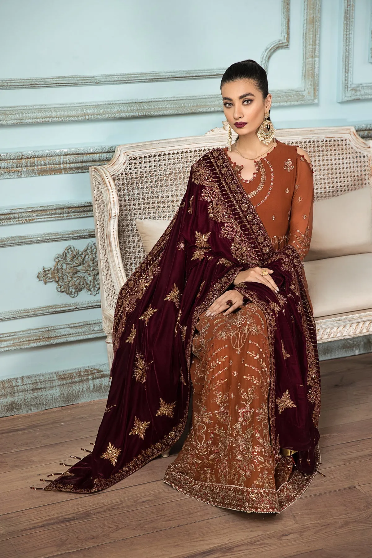 Caramel Brown Embroidered Pakistani Long Frock Dupatta Party Wear