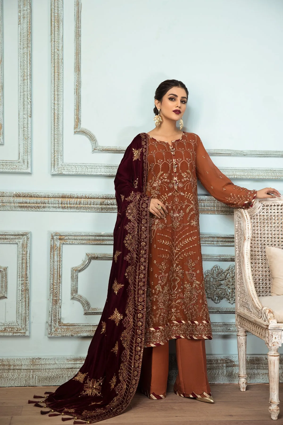 Caramel Brown Embroidered Pakistani Long Frock Dupatta Party Wear