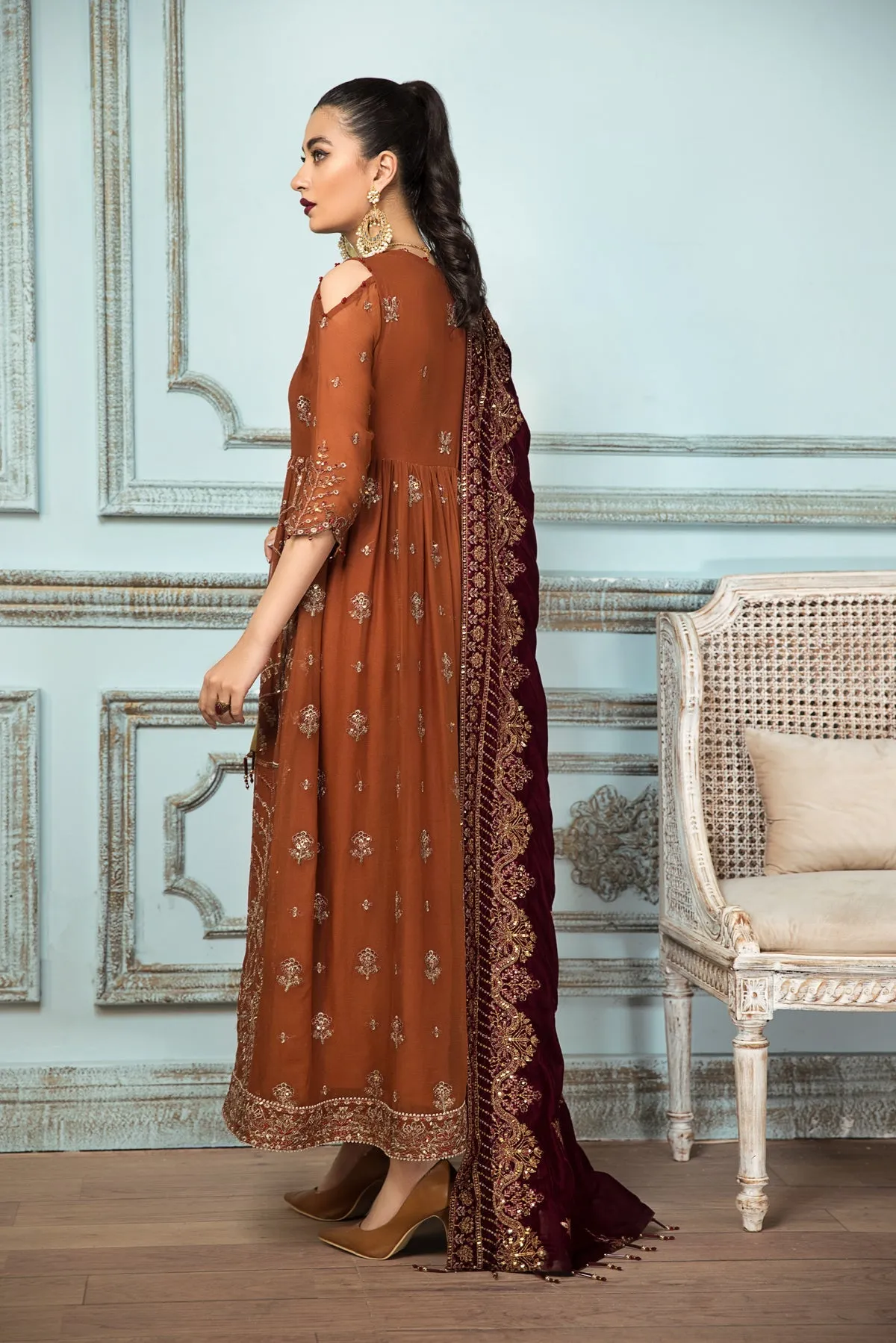 Caramel Brown Embroidered Pakistani Long Frock Dupatta Party Wear