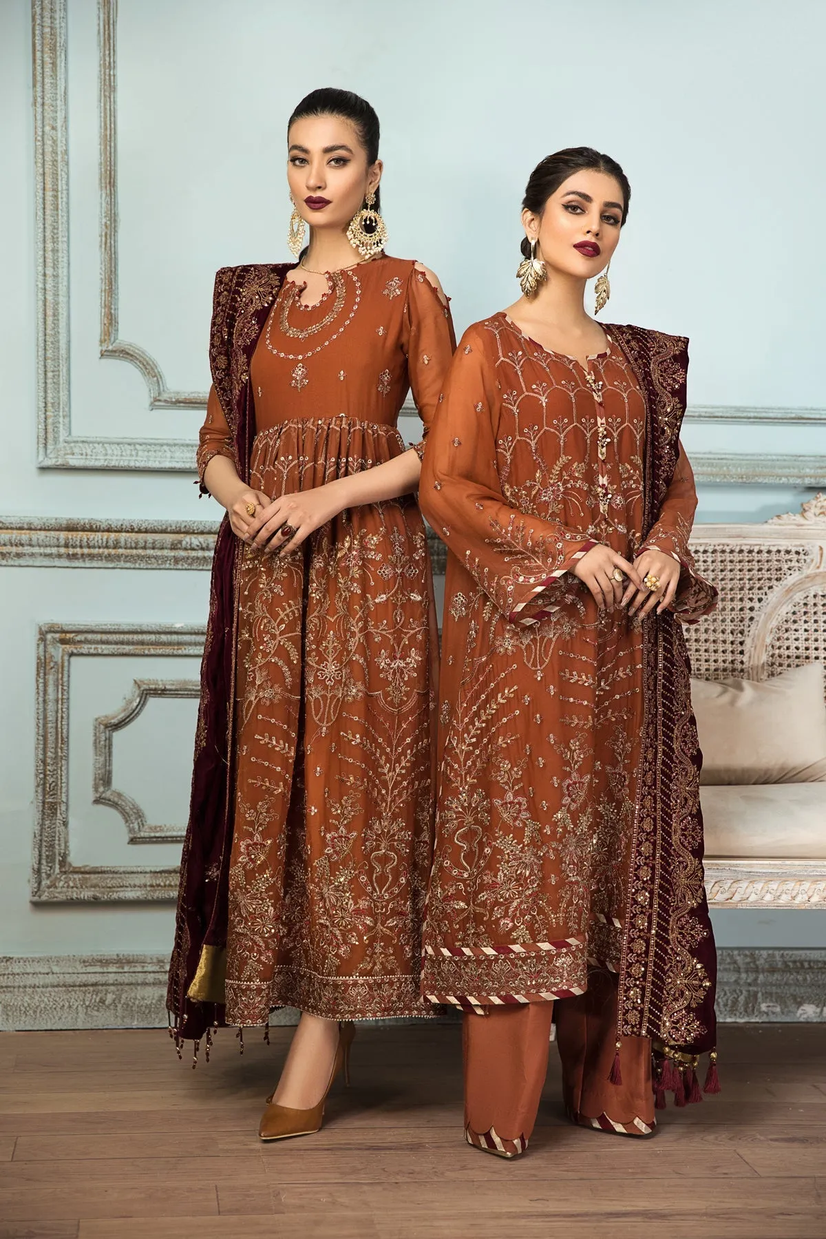 Caramel Brown Embroidered Pakistani Long Frock Dupatta Party Wear