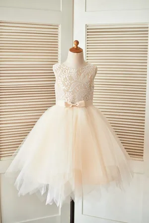 Champagne Lace Tulle Uneven Hem Wedding Flower Girl Dress