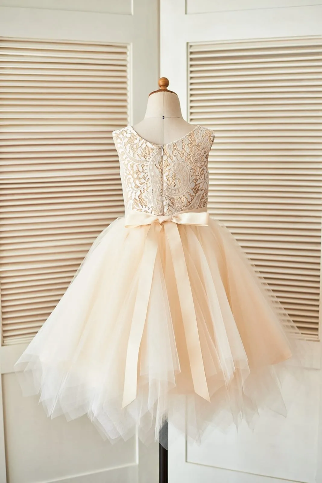 Champagne Lace Tulle Uneven Hem Wedding Flower Girl Dress