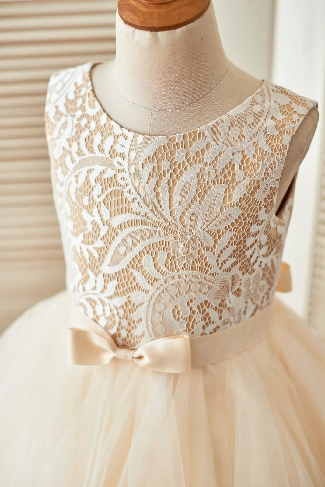 Champagne Lace Tulle Uneven Hem Wedding Flower Girl Dress