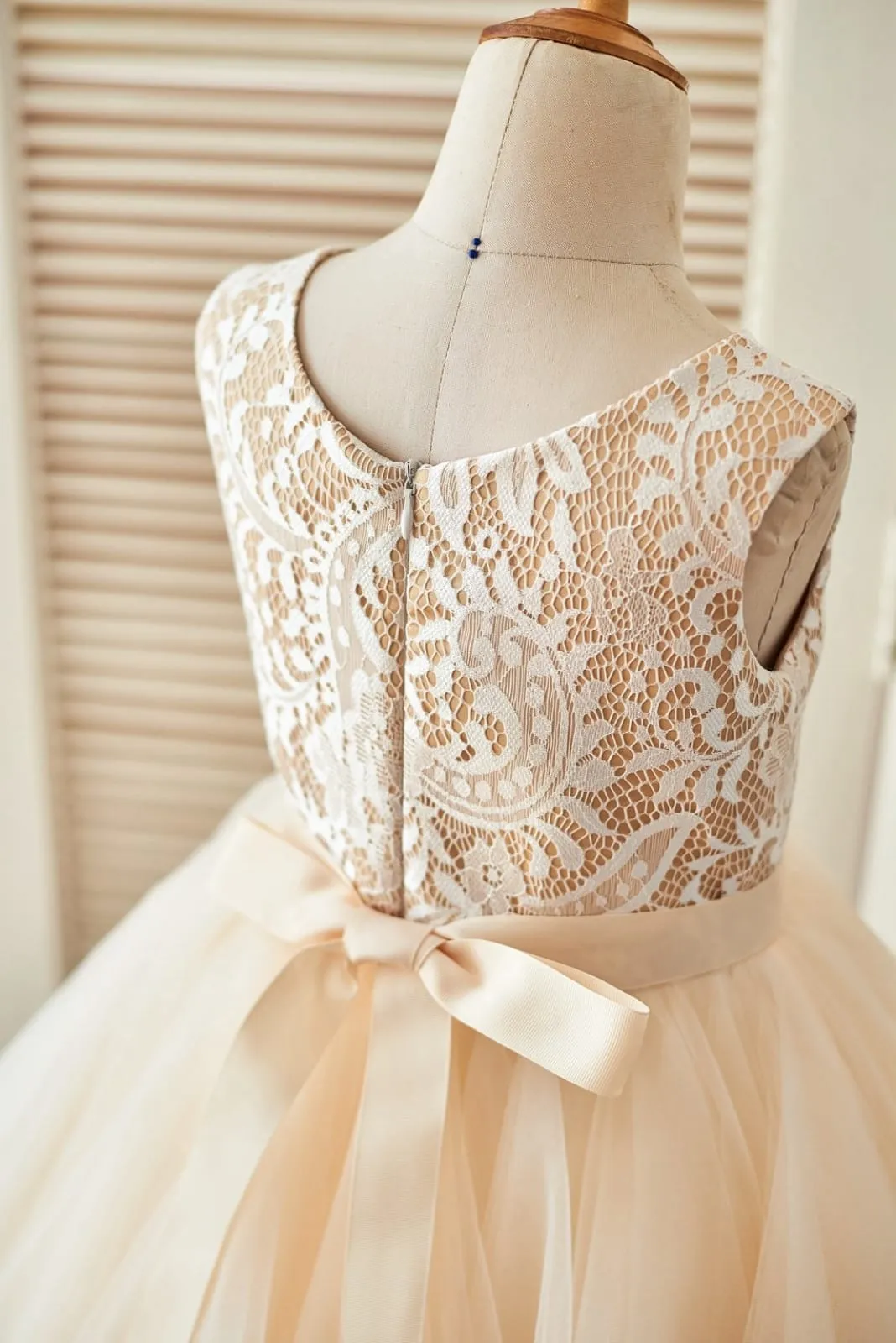 Champagne Lace Tulle Uneven Hem Wedding Flower Girl Dress