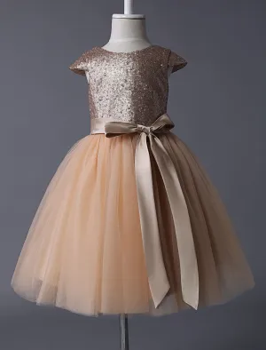 Champagne Sequined Tutu Pageant Dress Toddlers Cap Sleeves Tulle Short Kids Party Dresses