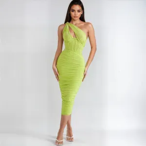 Chic Lime Midi Dress with Asymmetrical One Shoulder Cutout and Ruched Corset Detail