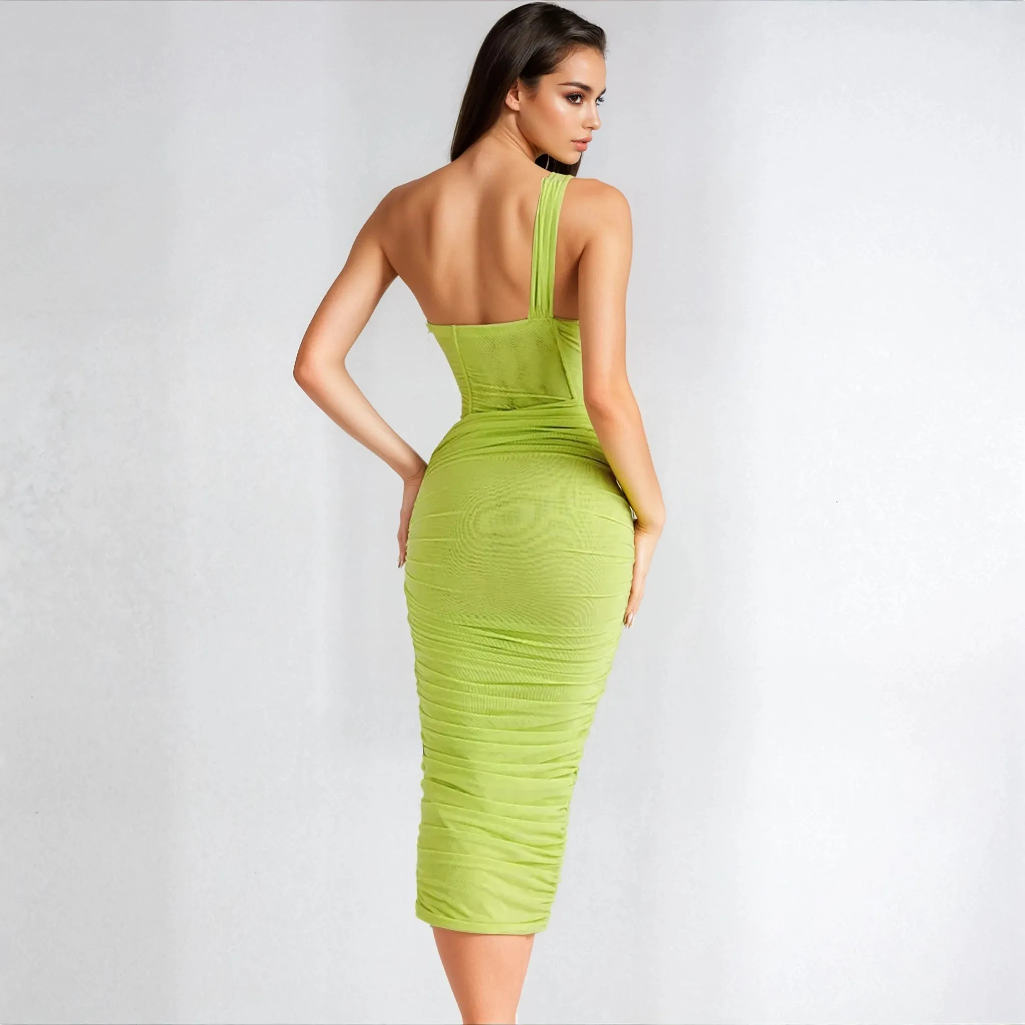 Chic Lime Midi Dress with Asymmetrical One Shoulder Cutout and Ruched Corset Detail