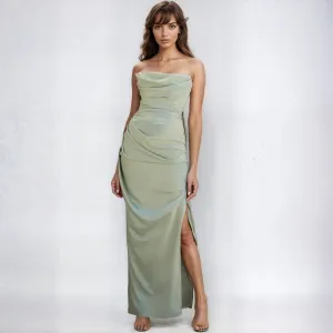 Chic Sage Green Satin Maxi Dress with High Slit and Elegant Ruched Strapless Design