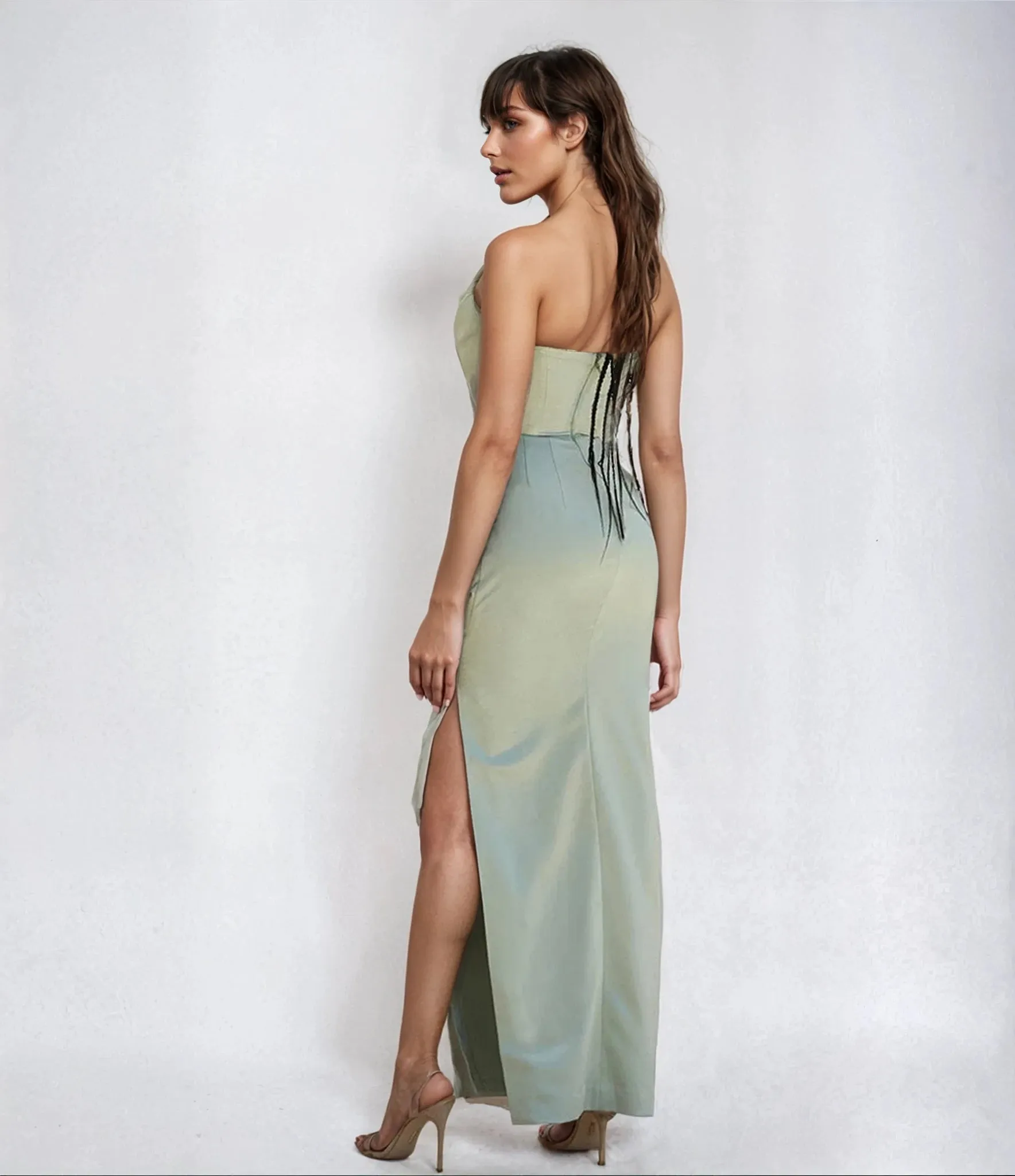 Chic Sage Green Satin Maxi Dress with High Slit and Elegant Ruched Strapless Design