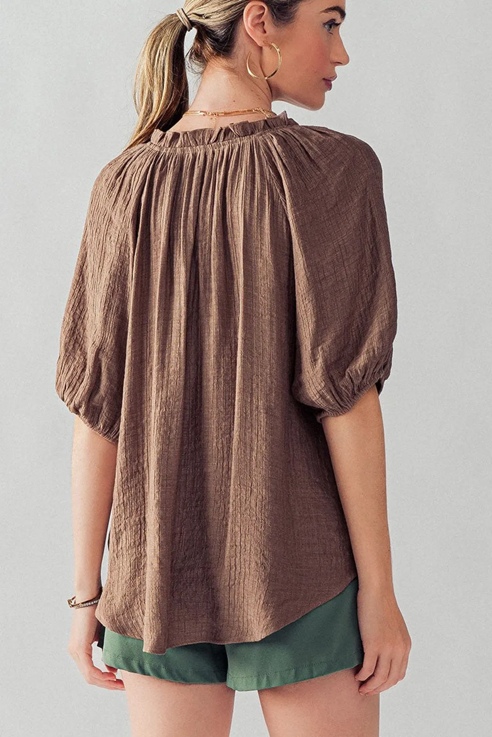 Chicory Coffee Frill Split Neck Puff Sleeve Crinkle Blouse