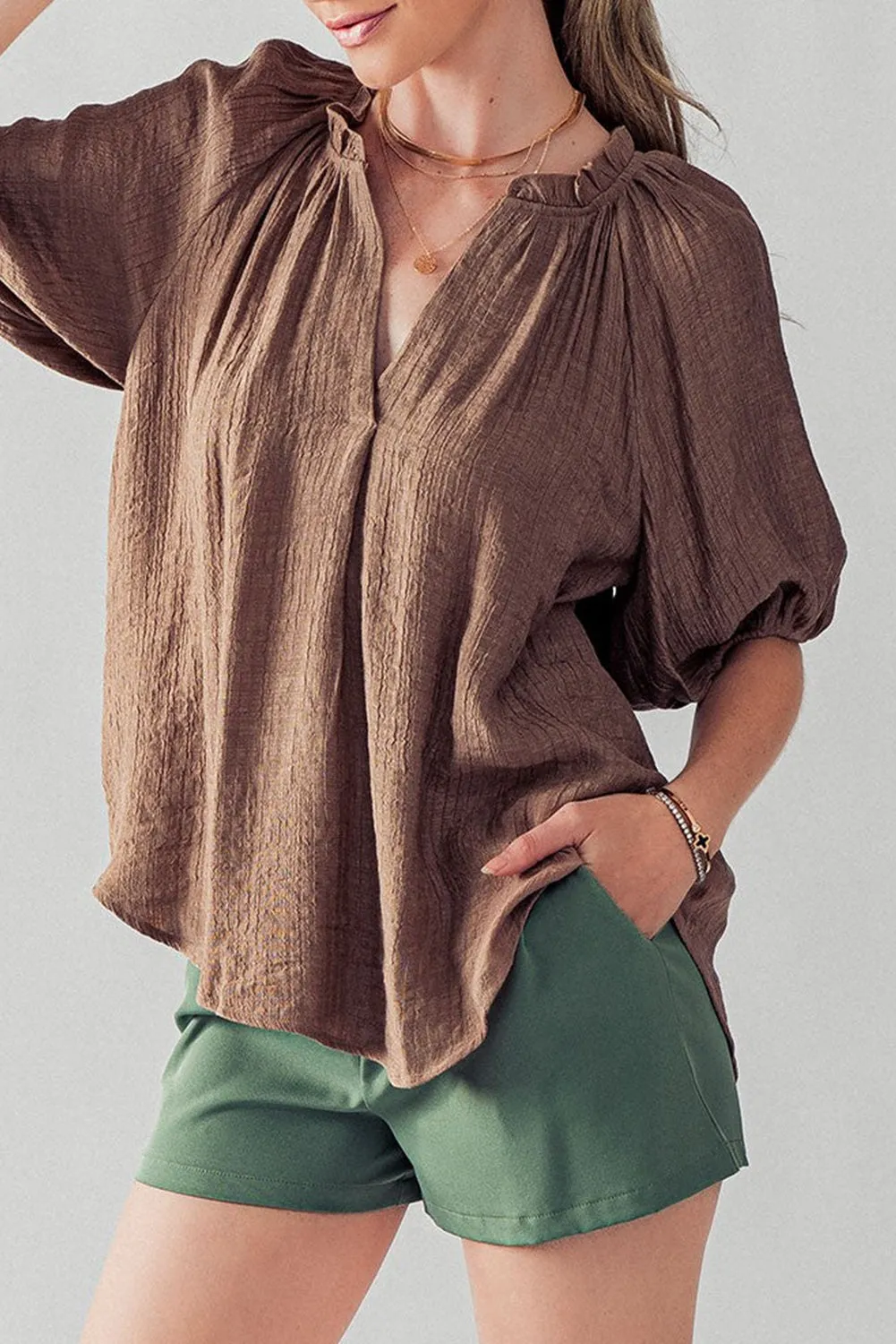 Chicory Coffee Frill Split Neck Puff Sleeve Crinkle Blouse