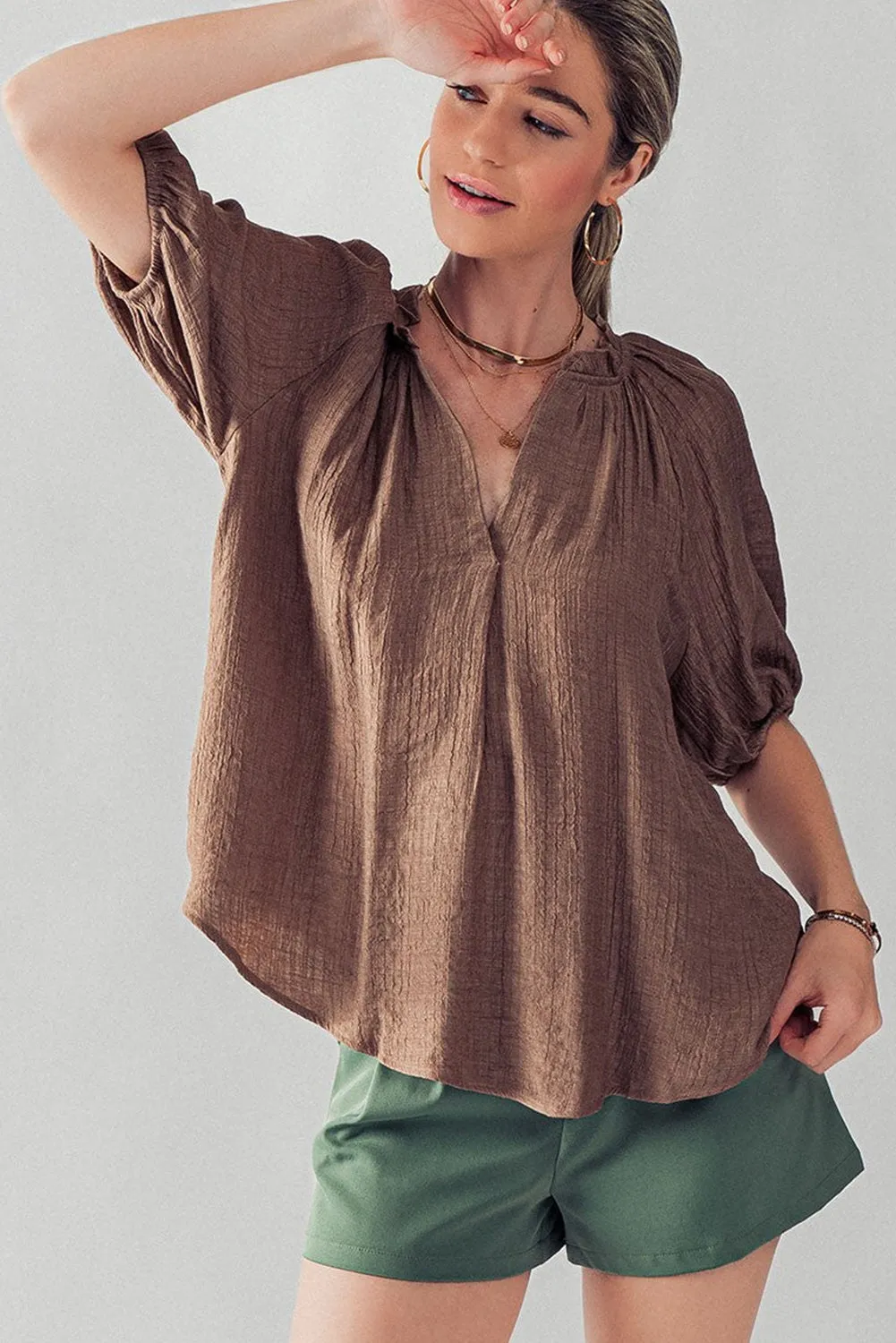 Chicory Coffee Frill Split Neck Puff Sleeve Crinkle Blouse
