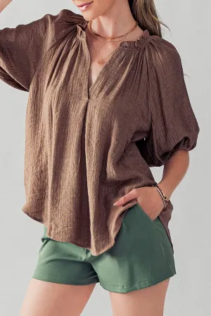 Chicory Coffee Frill Split Neck Puff Sleeve Crinkle Blouse
