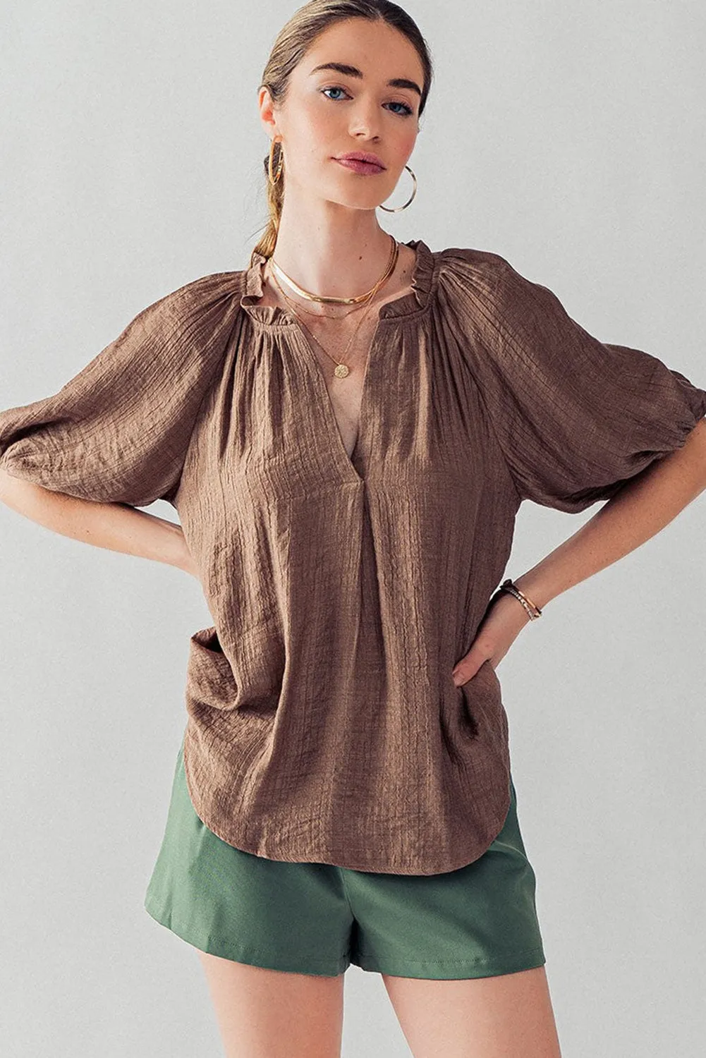 Chicory Coffee Frill Split Neck Puff Sleeve Crinkle Blouse