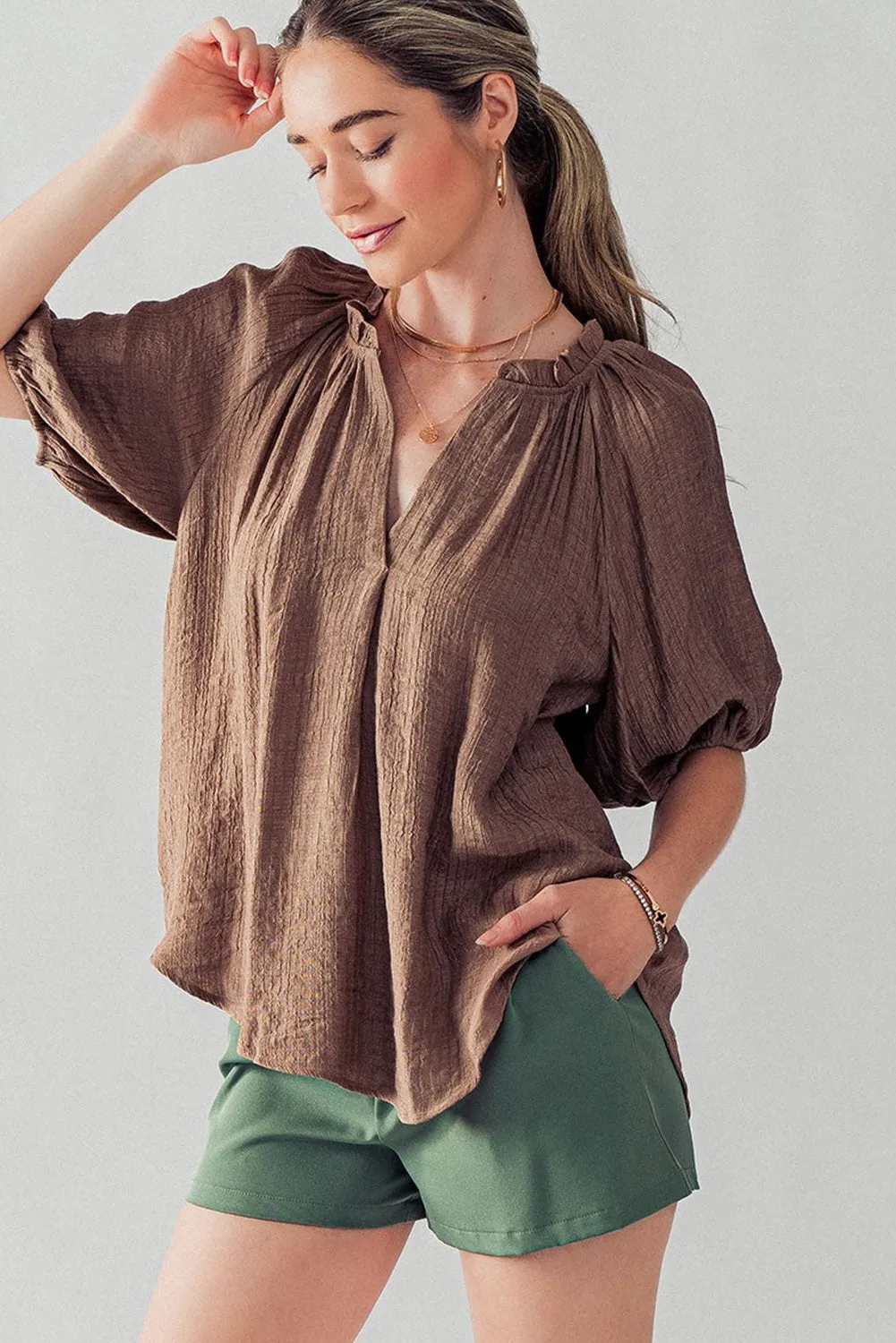 Chicory Coffee Frill Split Neck Puff Sleeve Crinkle Blouse