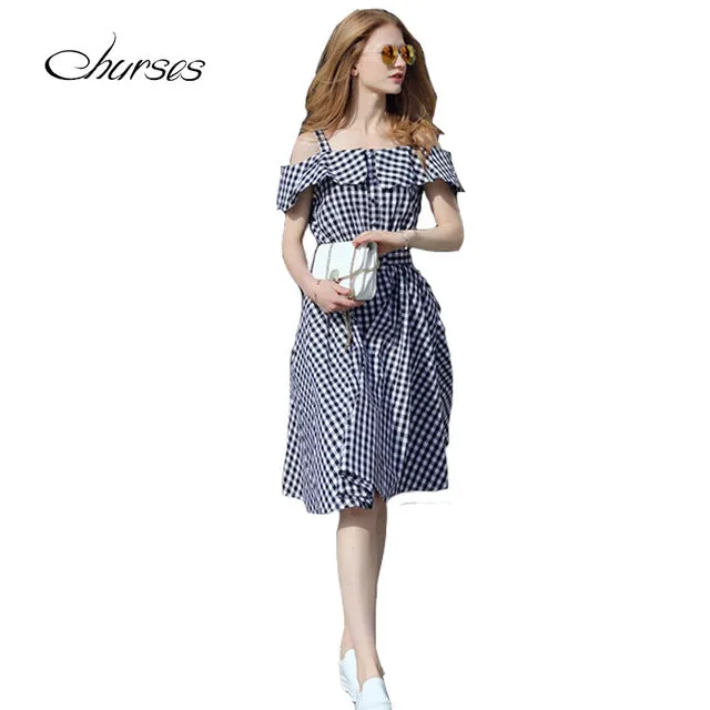 CHURSES 2017 Vintage plaid summer dress women party dresses Ruffle off shoulder loose dress Black casual vestidos de festa
