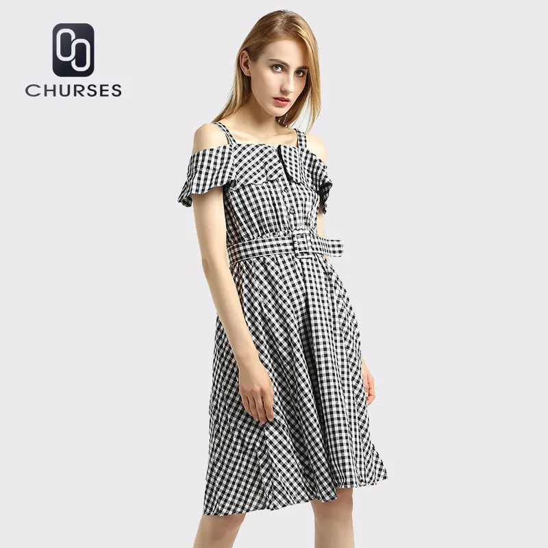 CHURSES 2017 Vintage plaid summer dress women party dresses Ruffle off shoulder loose dress Black casual vestidos de festa