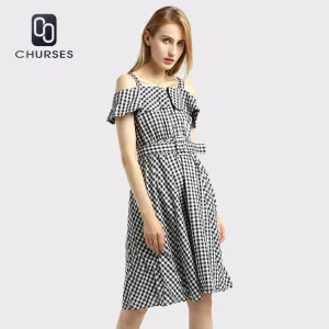 CHURSES 2017 Vintage plaid summer dress women party dresses Ruffle off shoulder loose dress Black casual vestidos de festa
