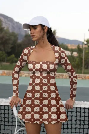 Clay Petal Long Sleeve Tennis Dress – Minimalist Floral Geometry in Warm Earth Tones