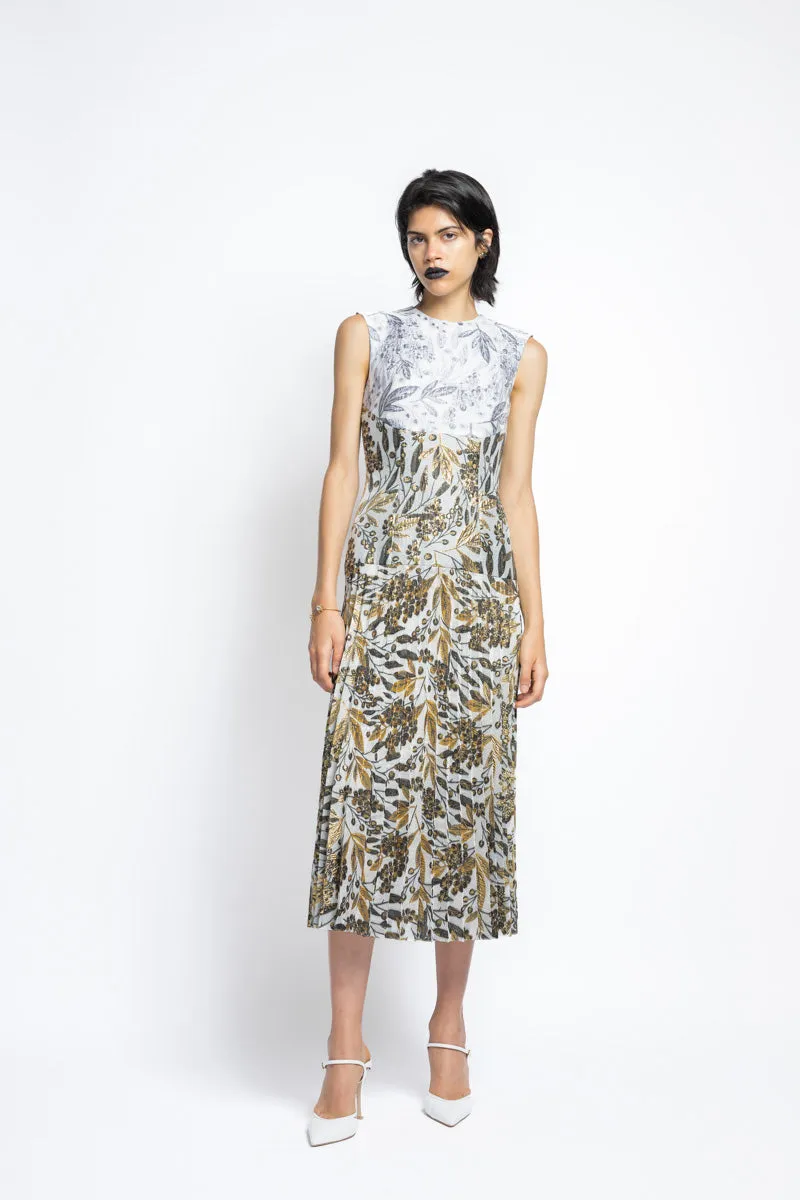 Color Blocked Bay Leaf Jacquard Day Dress With Pleated Skirt