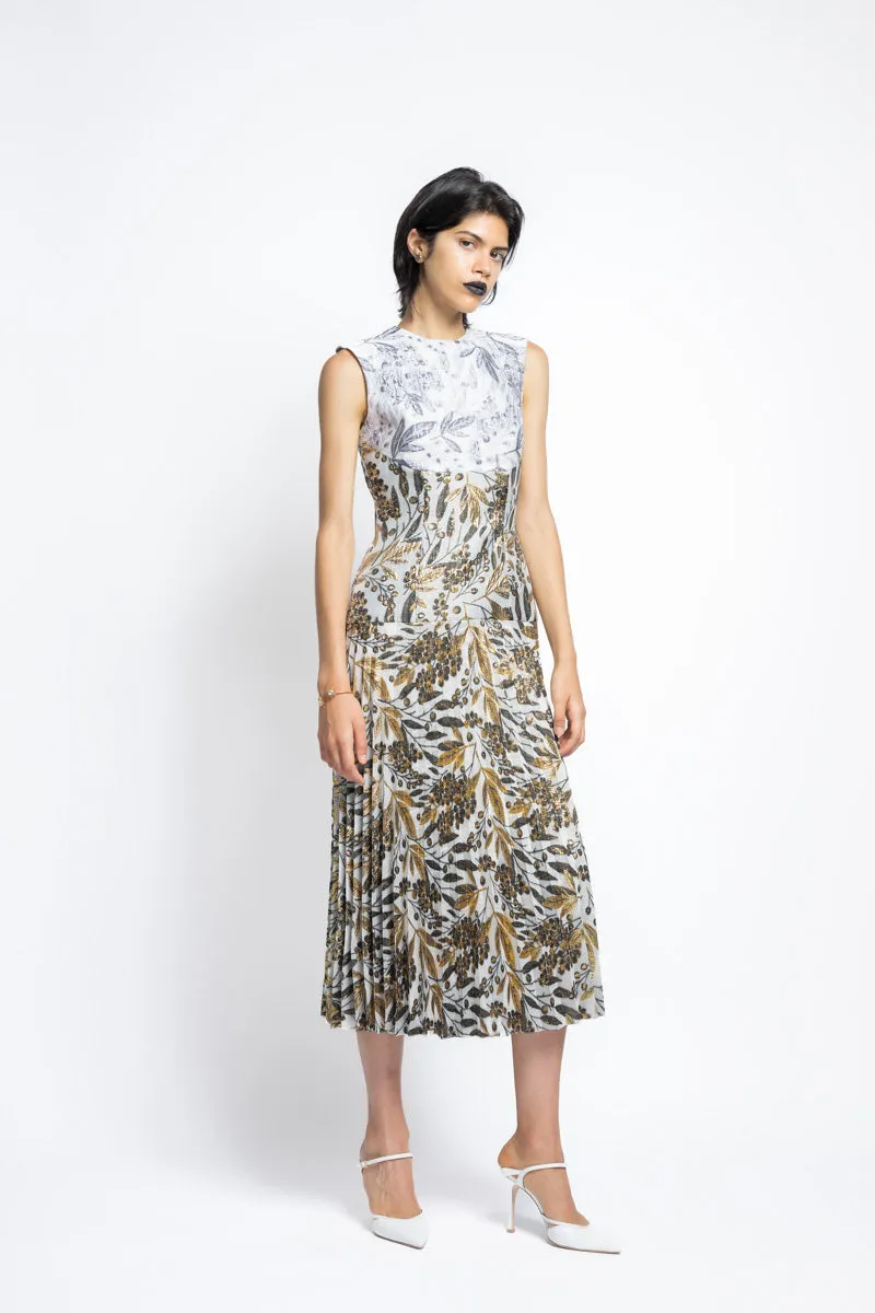 Color Blocked Bay Leaf Jacquard Day Dress With Pleated Skirt