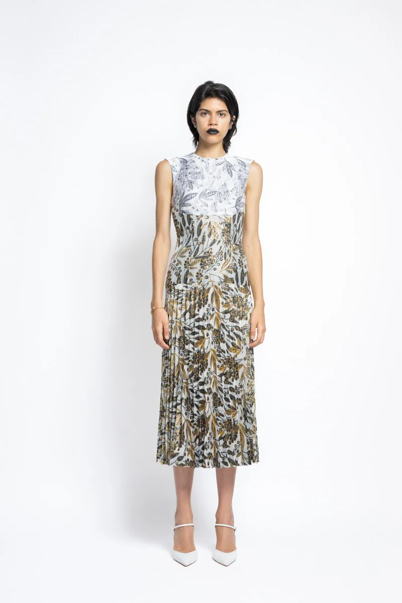 Color Blocked Bay Leaf Jacquard Day Dress With Pleated Skirt