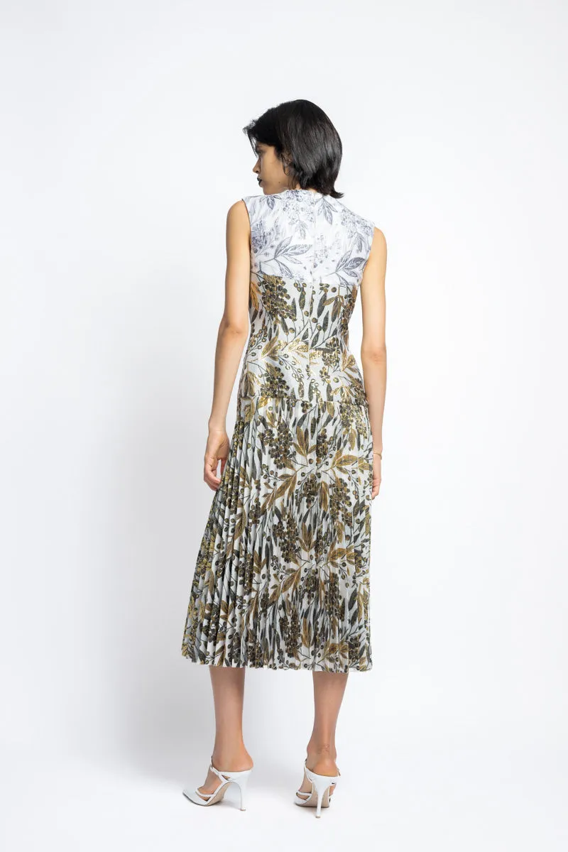Color Blocked Bay Leaf Jacquard Day Dress With Pleated Skirt
