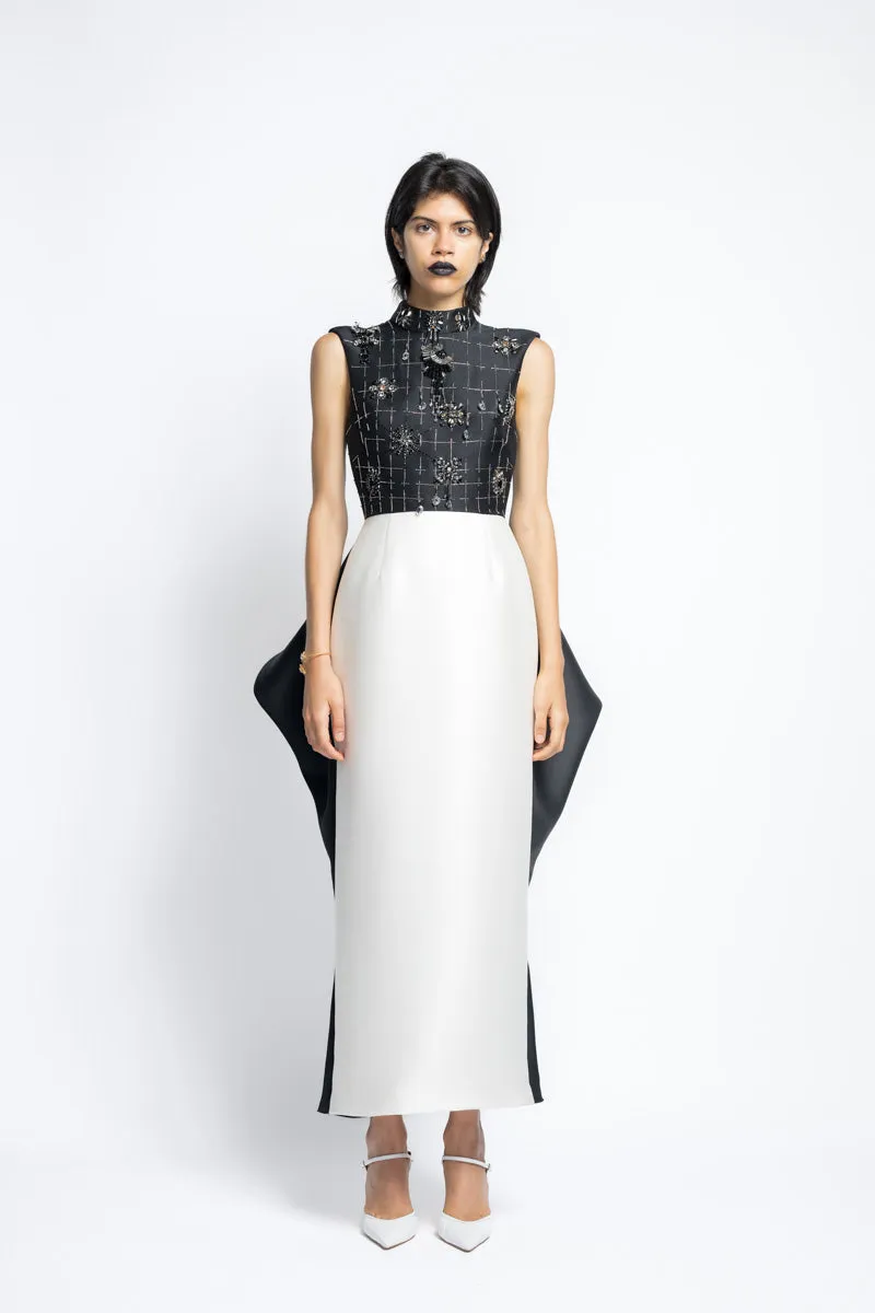 Color Blocked Gazar Cocktail Dress With Morning Glory Lattice Crystal Embroidery And Draped Back Skirt