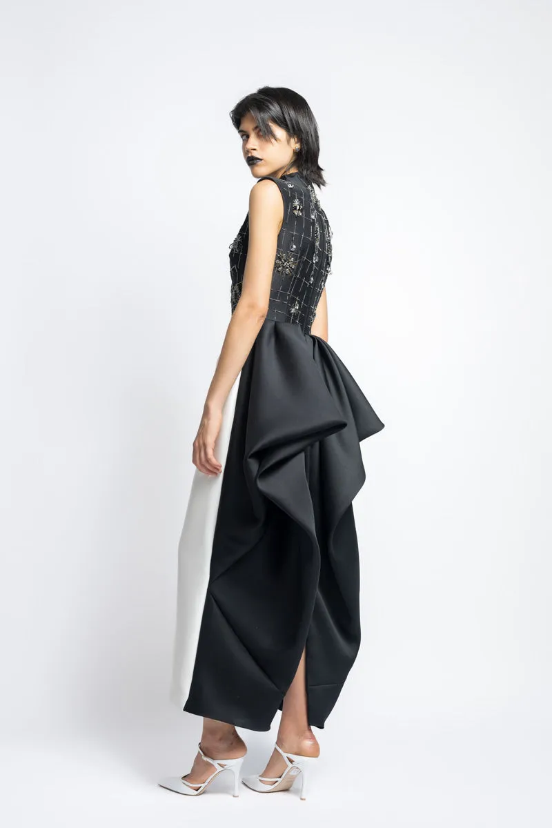 Color Blocked Gazar Cocktail Dress With Morning Glory Lattice Crystal Embroidery And Draped Back Skirt