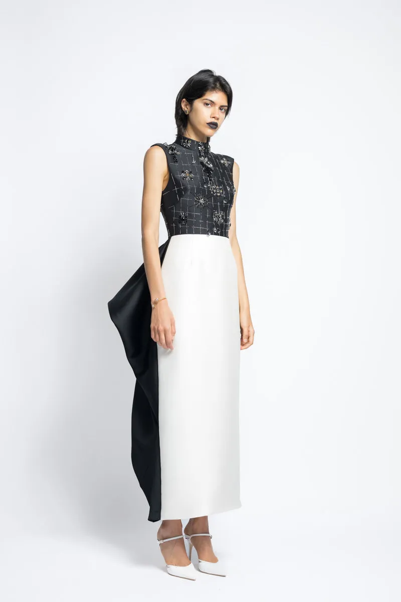 Color Blocked Gazar Cocktail Dress With Morning Glory Lattice Crystal Embroidery And Draped Back Skirt