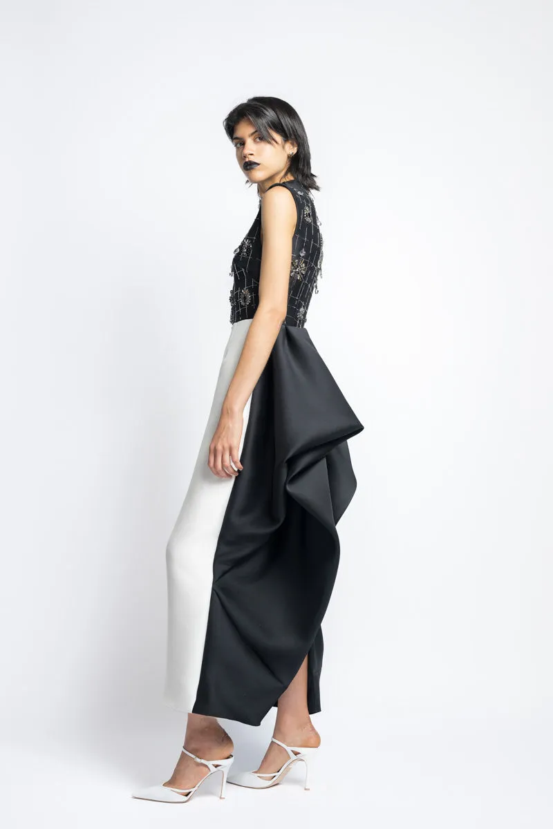 Color Blocked Gazar Cocktail Dress With Morning Glory Lattice Crystal Embroidery And Draped Back Skirt