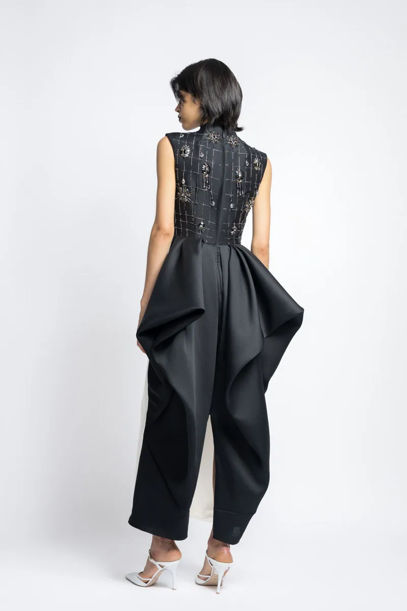 Color Blocked Gazar Cocktail Dress With Morning Glory Lattice Crystal Embroidery And Draped Back Skirt
