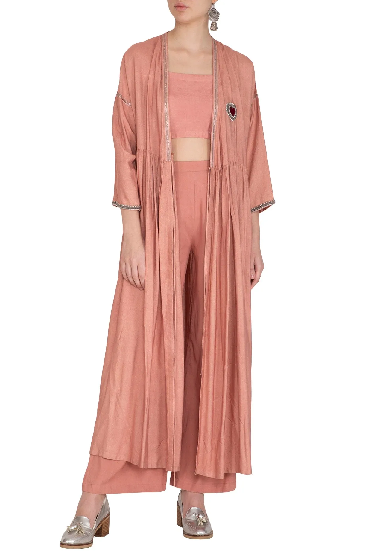 Copper Embroidered Shrug Jacket With Crop Top & Palazzo Pants